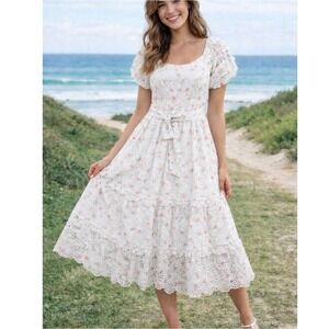 LoveShackFancy Target Dress 20W White Pink Floral Eyelet Midi Smocked Cottage